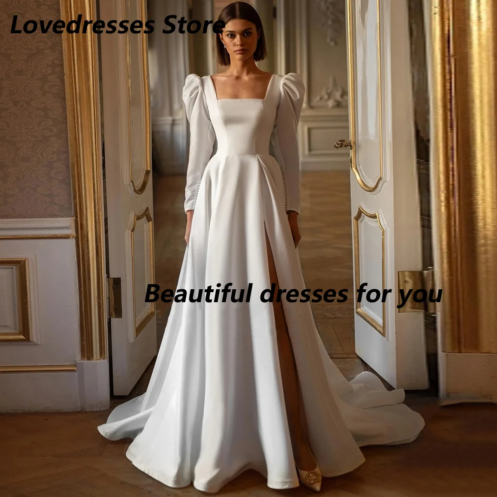 

Элегантное свадебное платье по индивидуальному заказу с квадратным вырезом и длинными рукавами, пуговицами, боковым разрезом и скользящим шлейфом, атласное свадебное платье Robe De Mariee