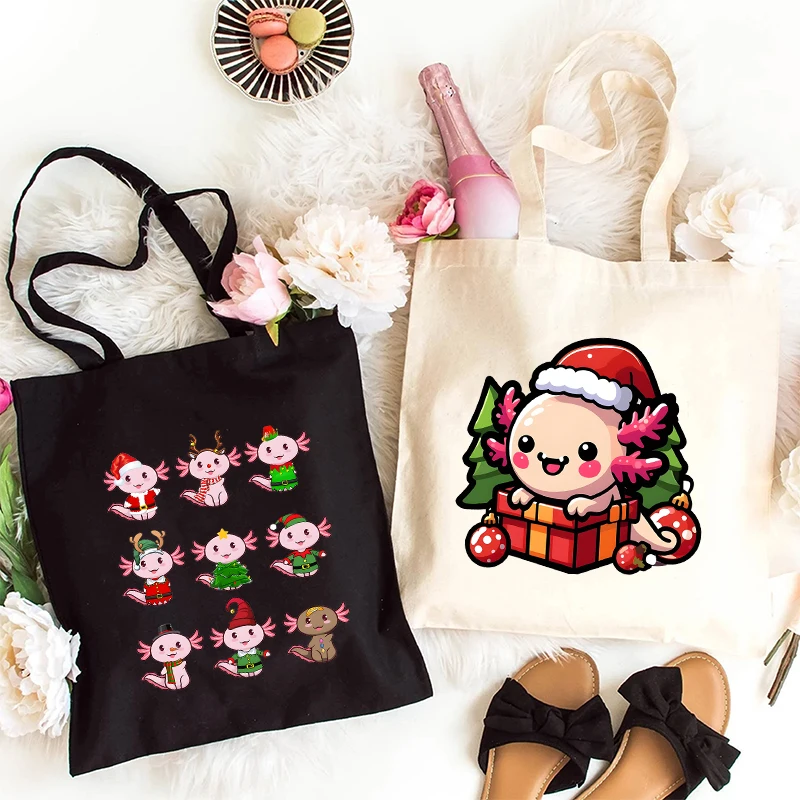 Christmas Axolotl Cute Kawaii Axolotl Santa Print Shopping Bag Tote Handbag Shopper Recycle Bag borsa da viaggio riutilizzabile Tote