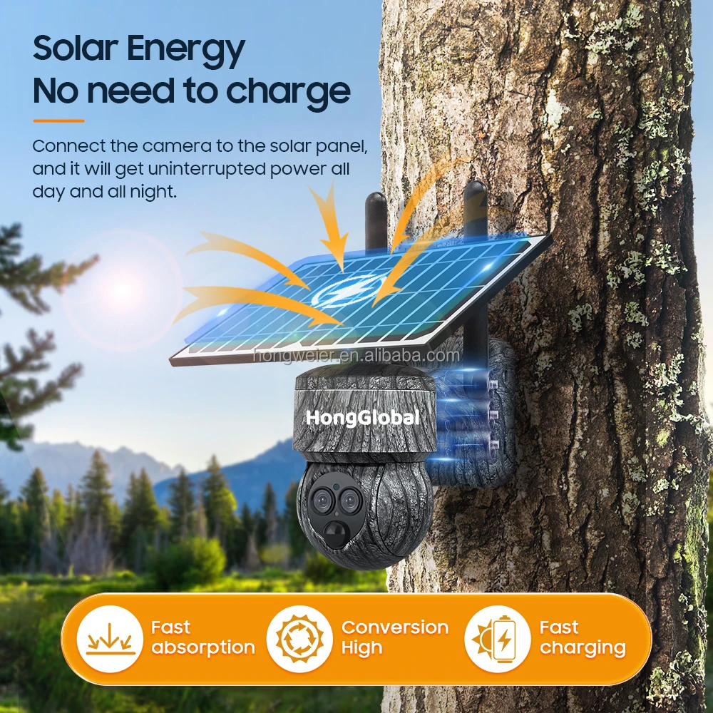 HongGlobal 6MP Camouflage Dual Lens Wireless Solar PTZ Surveil Camera Ubox 12X Zoom 4G Sim Card WiFi Security Solar CCTV Camera