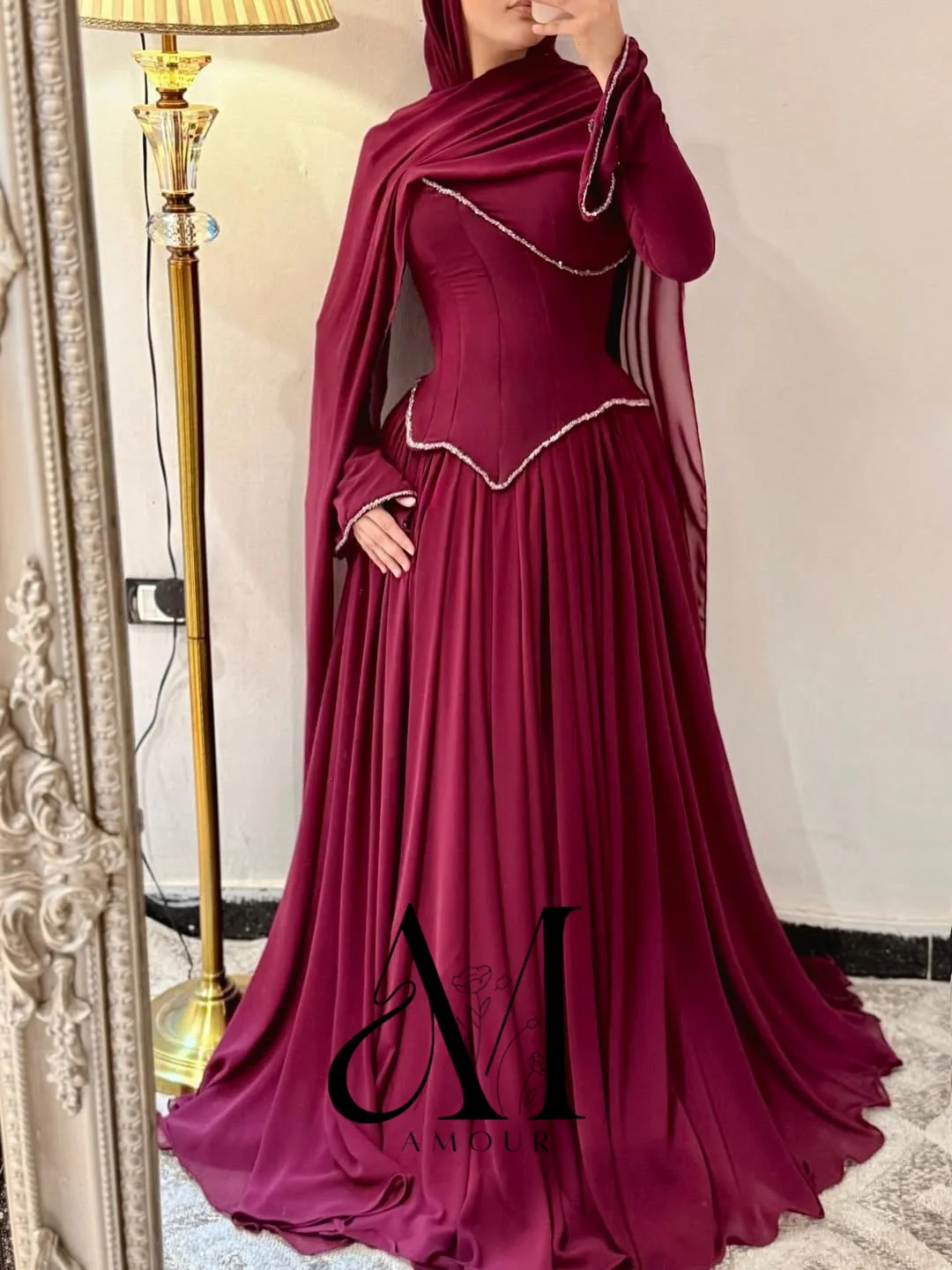 Amour Customized Luxury Evening Dress Long Sleeves High Collar A Line Pleated Evening Gowns for Women Crystal Saudi Formal Dress image 4