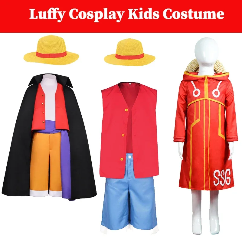 

Kids Luffy Cosplay Animal Hirate Disguise Suit Coat Pants Hat Children Beach Clothing Halloween Party RolePlay Suit