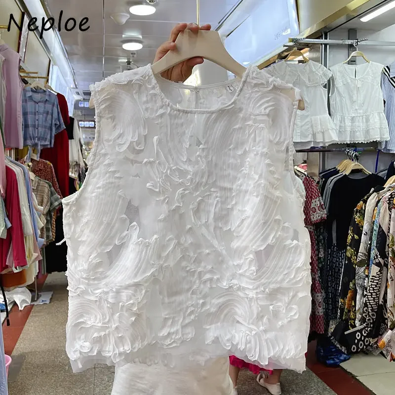 Neploe 2024 New Sleeveless Chic Ladies Tops Painting Folds Elegant Vintage Blusa Solid Loose Tank Blouses Summer Fashion Mujer