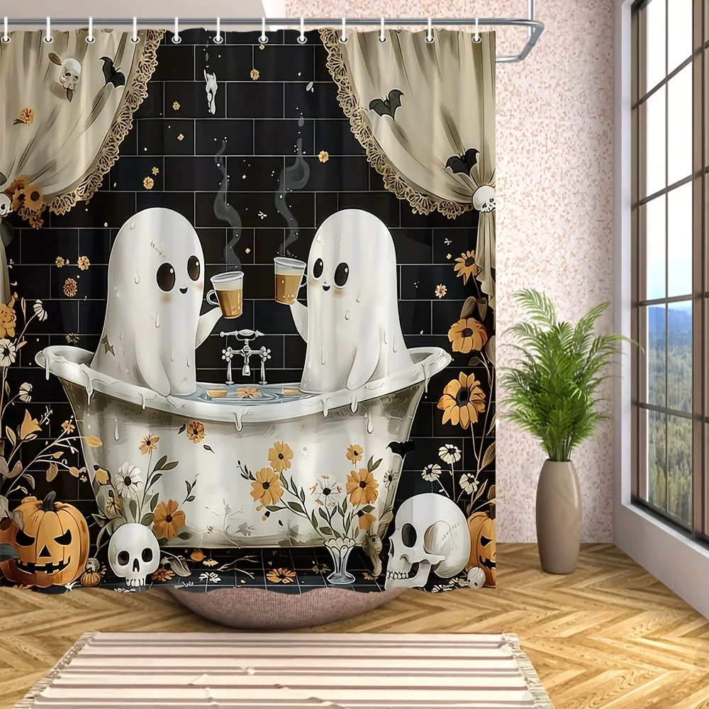 Halloween Shower Curtain with Ghosts, Pumpkins, Skulls, Bats, and Floral Design