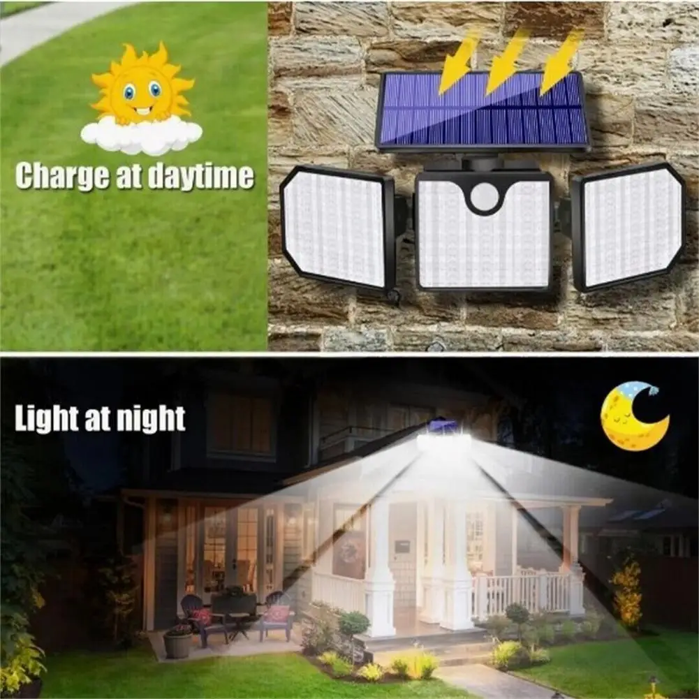 Zonne-Energie Veiligheidslicht 3-Head 90000lm Bewegingssensor Schijnwerper Verstelbare Lamp Houder Buitenwandlamp Ip65 Waterdicht Solar