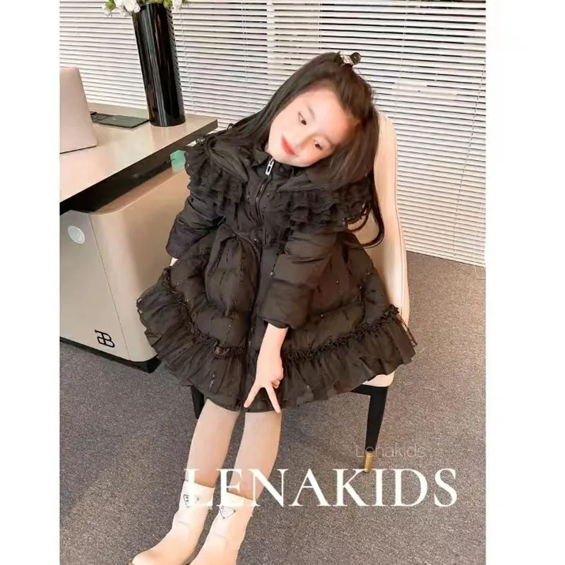 Kids Clothes Warm Warm Winter Thick Baby Girl Cotton Hodded Outwear Lace Shiny Sweet Princess Ball Gown Snow Long Jacket Coat