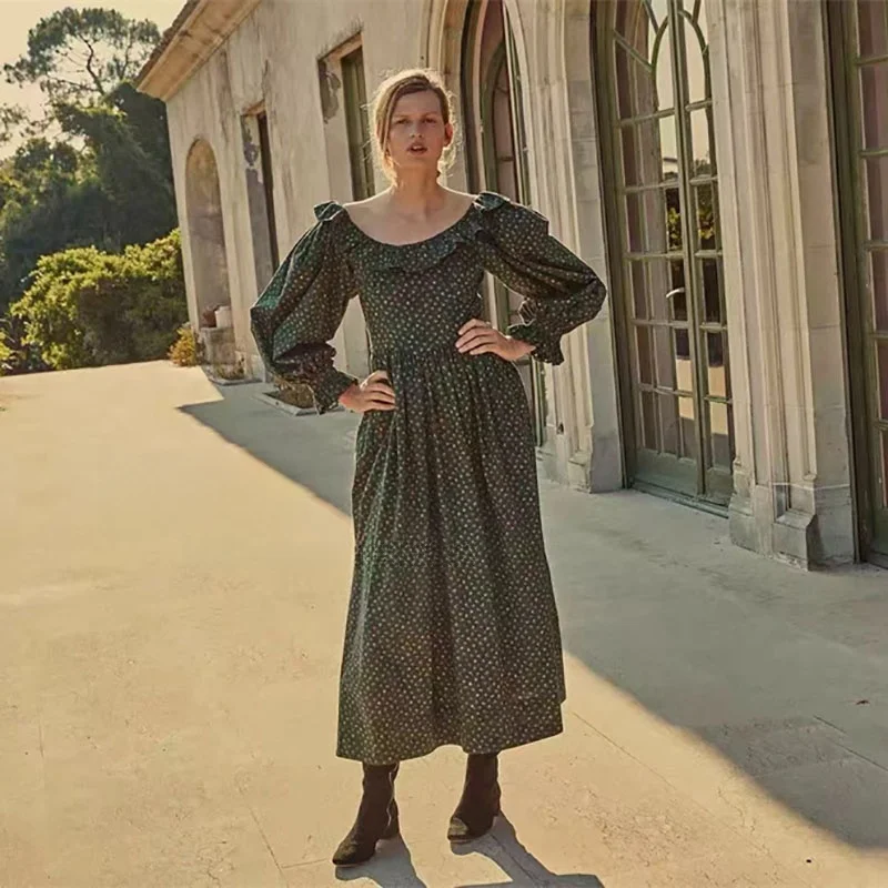 スーザン・エレ・フローラルプリント・ロングスリーブ・ミディ丈ワンピース レディース ハイウエスト コットンガーゼ 春ファッション カジュアルワンピース