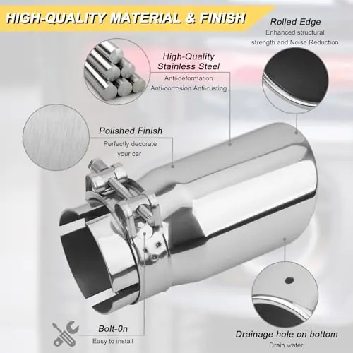

Stainless Steel Exhaust Tip 2.5″ Inlet 3″ Outlet 6″ Length Clamp-On With Rolled Edge, Angled Cut, Polished Finish