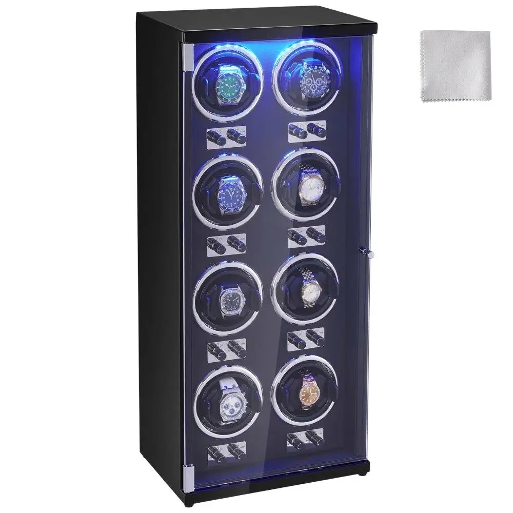 

Automatic Watch Winder for 8 Watches Super Quiet Japanese Motors Blue LED Display High Density Board Shell Black PU Finish