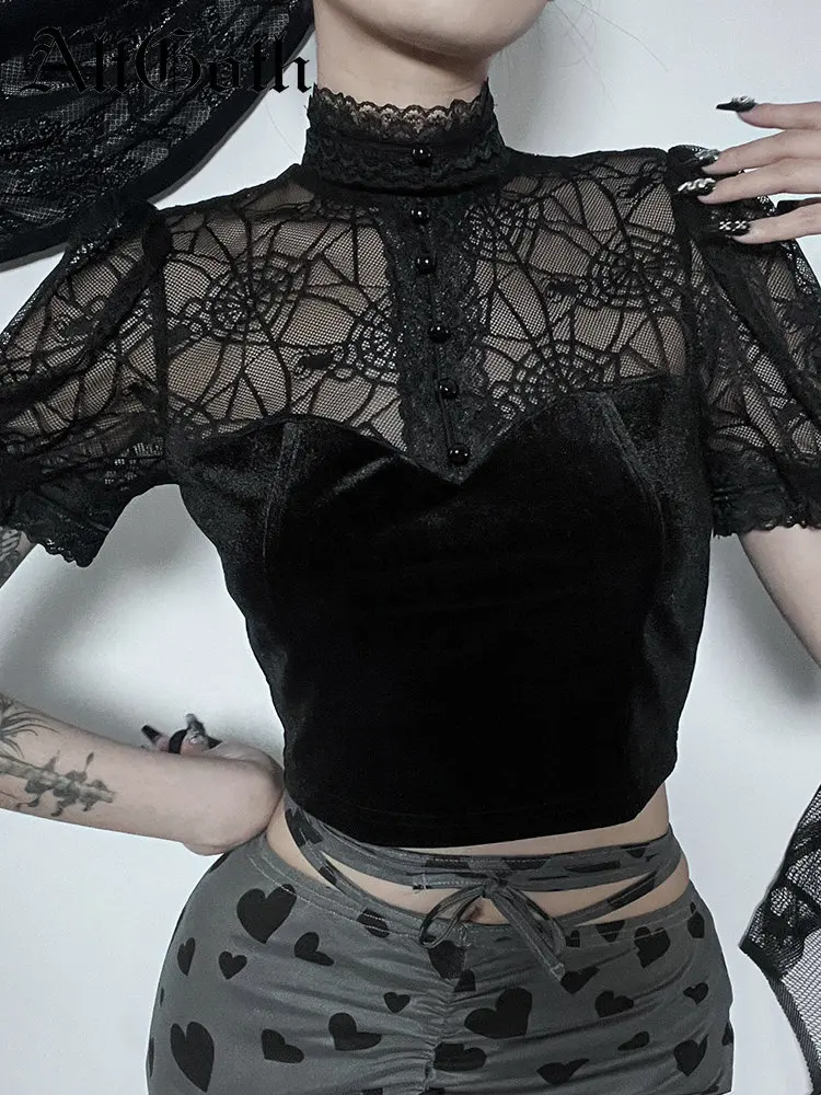 AltGoth Dark Gothic Spider Web T-shirt Women Streetwear Coquette Cyberpunk Mesh Patchwork Short Sleeve Croset Crop Tee Top Femme