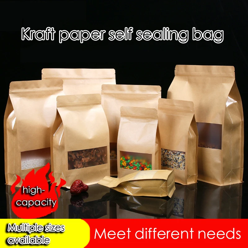 50PCS Stand Up Bags,Kraft Zip Lock Matte Window Reusable Sealing All-Purpose Food Storage Pouches Reclosable For Nuts Beans Tea