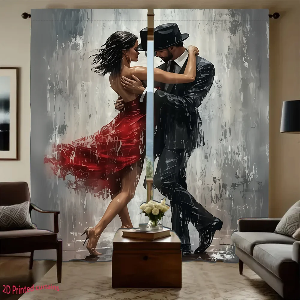 Oil Painting Rod Pocket Curtain Tango Couple Dancer Red Skirt Splash Texture Pattern Stylish Home Bedroom Living Room Decoration