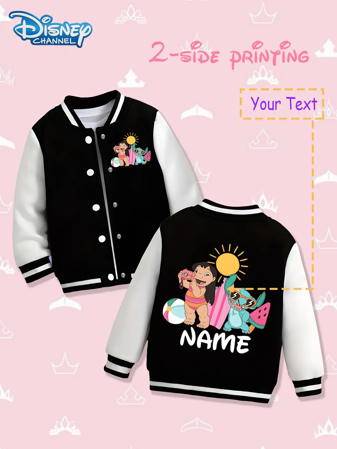 

MINISO Disney Lilo & Stitch Beach Style Baseball Jacket - The front and back feature Lilo and Stitch's fun beach scenes. The vib