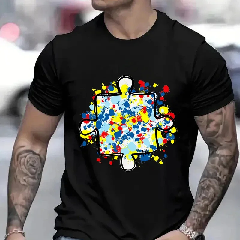 Men\'s T-Shirt Autism Awareness Puzzle Piece Print Male Tshirt Casual Fashion Soft Fashion Tees Clothing Harajuku Graphic Tops