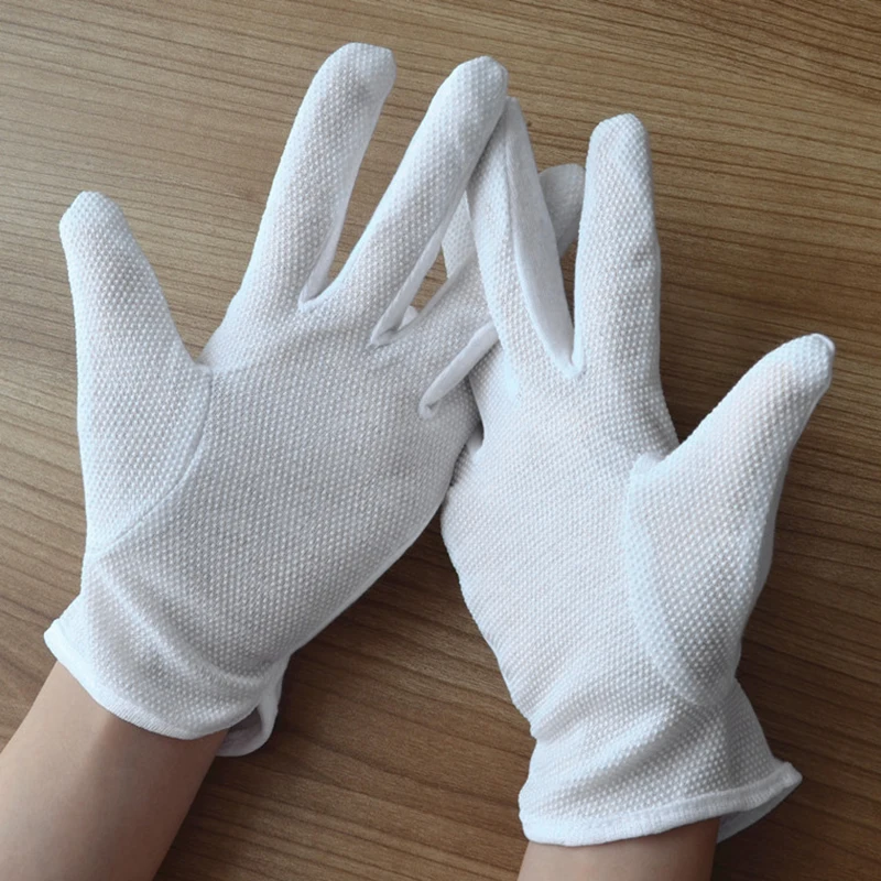 1 paar witte katoenen handschoenen antislip grijper dot handschoenen met elastische manchet heren dames obers chauffeurs serveren formele handschoenen