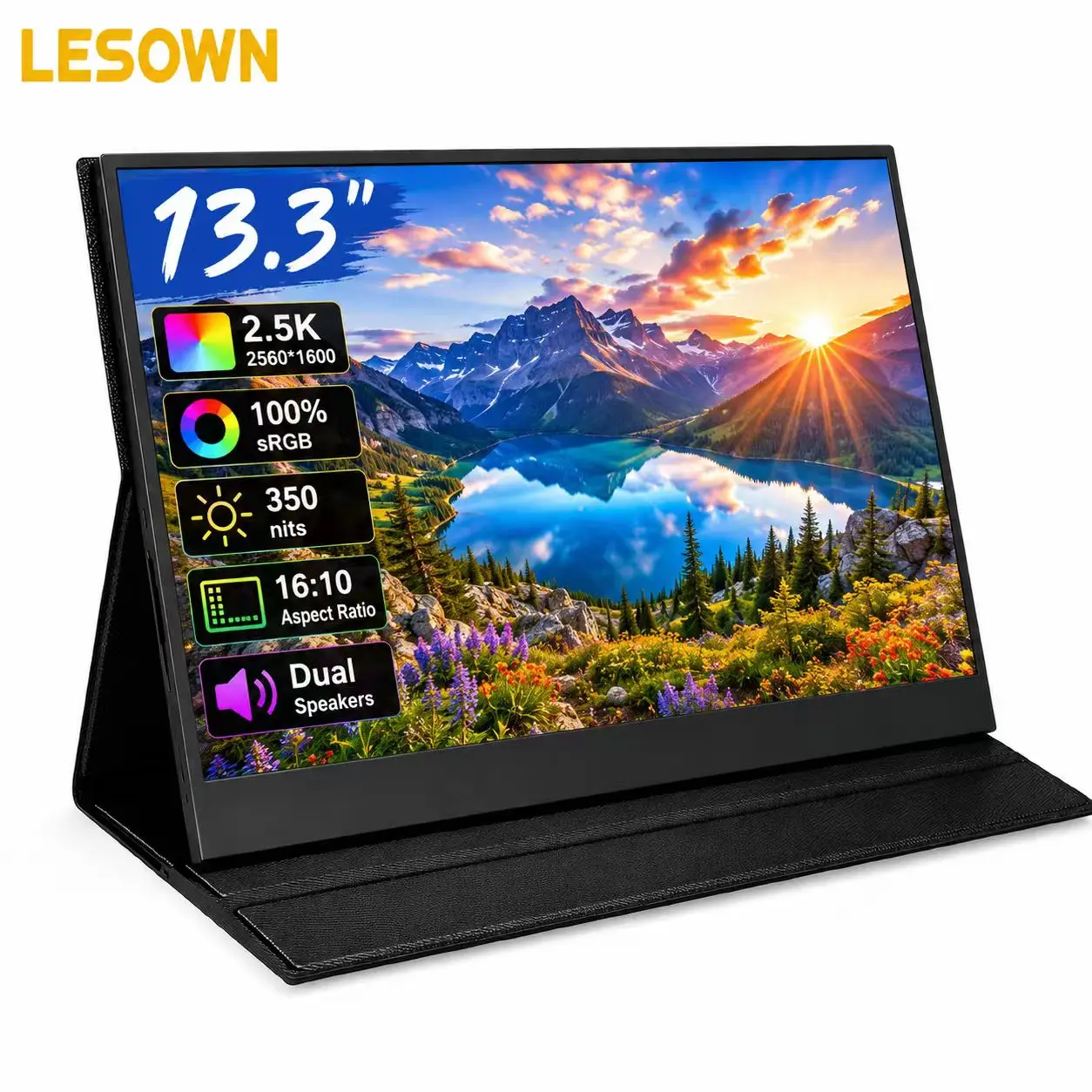 LESOWN 2.5K Ultra-clear Desktop Display 13.3 Inch Compact Monitor VESA Mount Audio Speaker Secondary Screen for Mac Mini