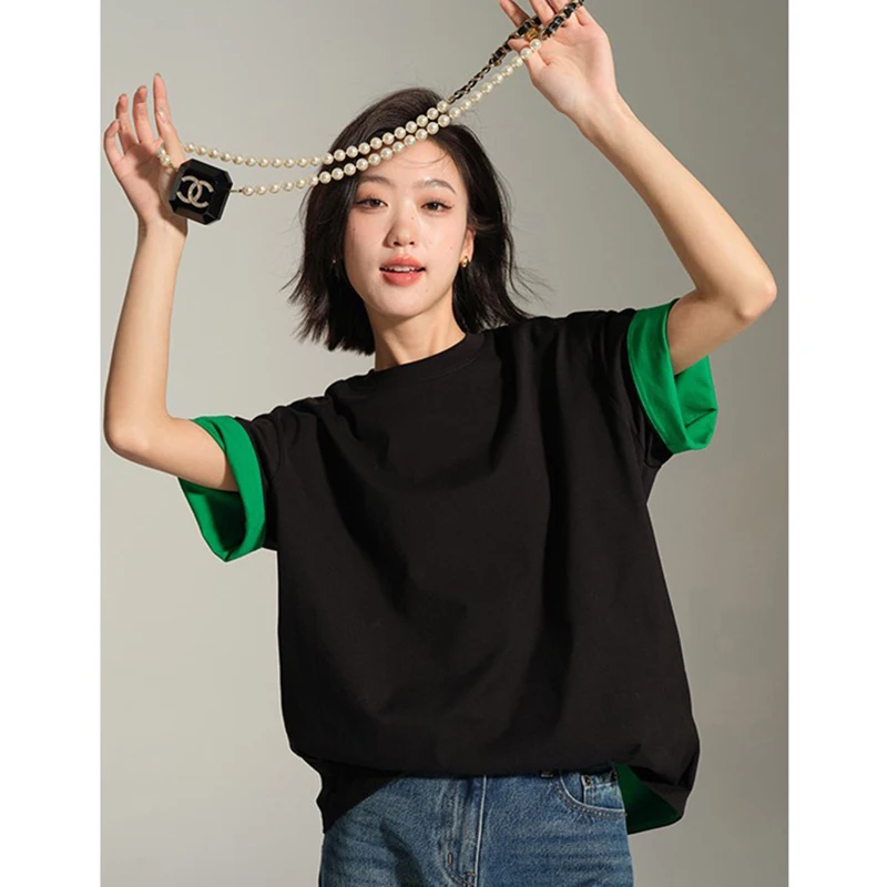 

Slimming Effect Loose ort Sve T-irt Overhead Color Blo Base irt Korean Sle Commute Silk Women's Top