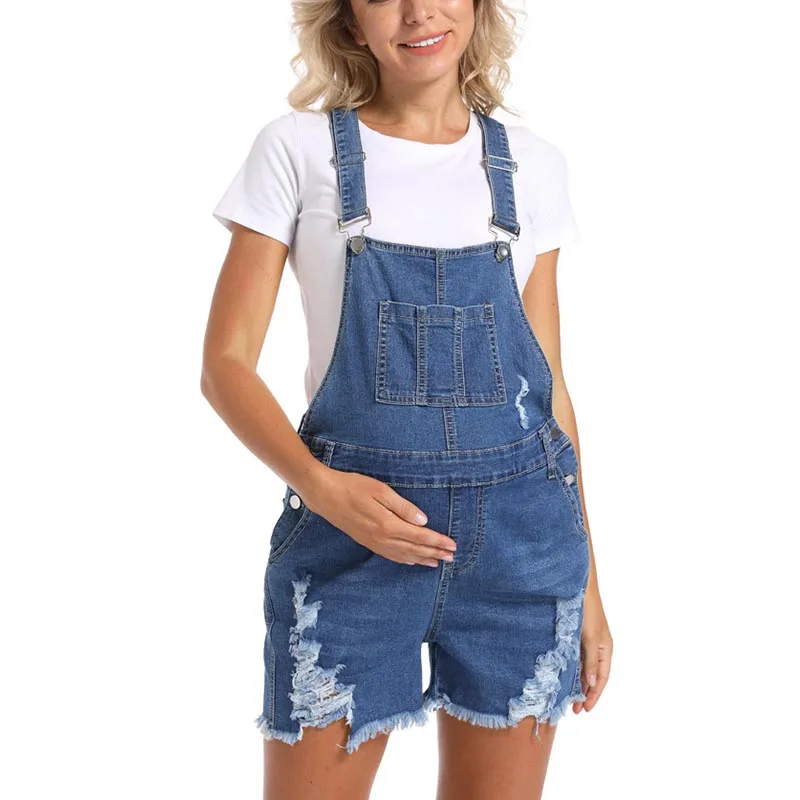 

Spring Summer Pregnant Women Denim Overalls Maternity Loose Adjustable Strap Ripped Shortalls Rompers Casual Pregnancy Clothing