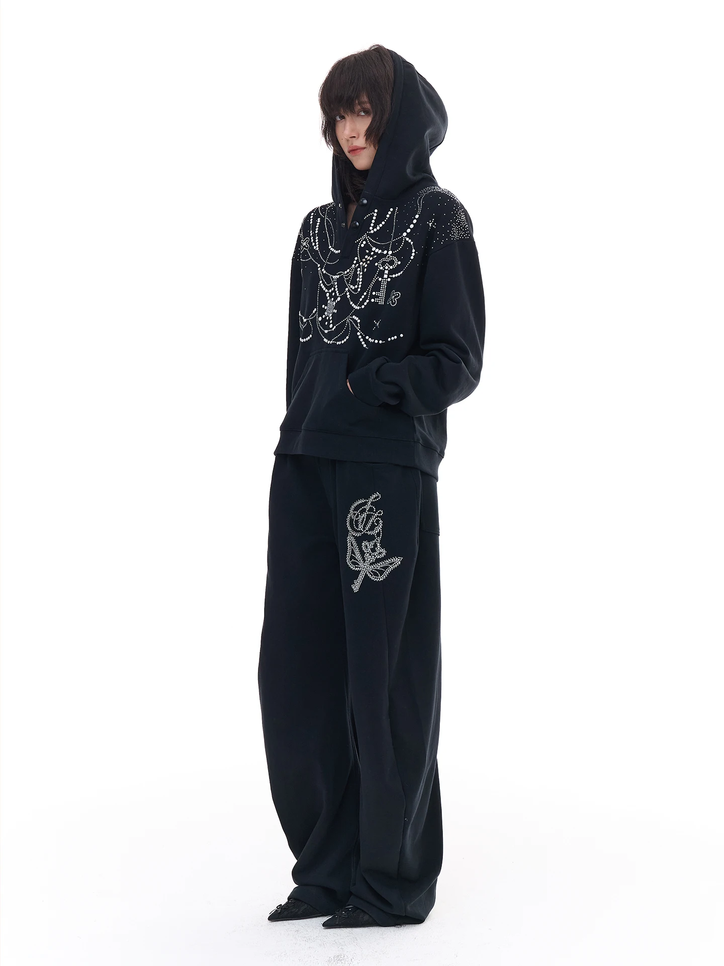 

Faychui Casual Hoodie Set Loose Fit Comfortable Commute Versatile Diamond Heat Transfer All-Match Long Sve Cotton Sweatirt