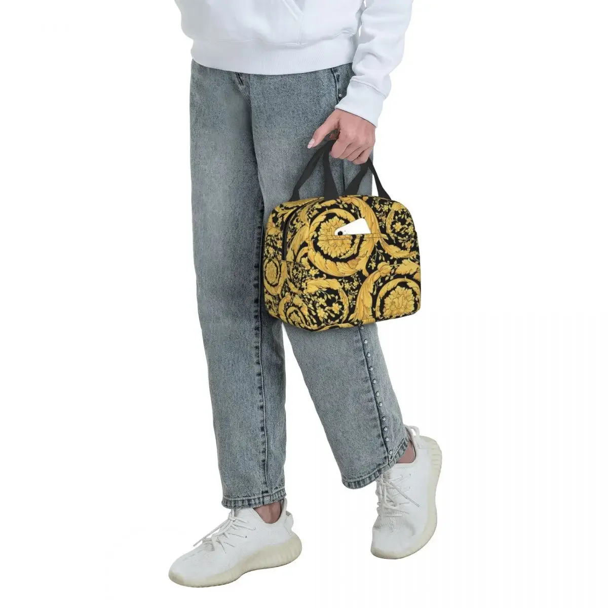 Black Gold Leaf Swirl Thermal Insulated Lunch Bags Reusable Food Bag Leakproof Tote Lunch Box Outdoor Pupil