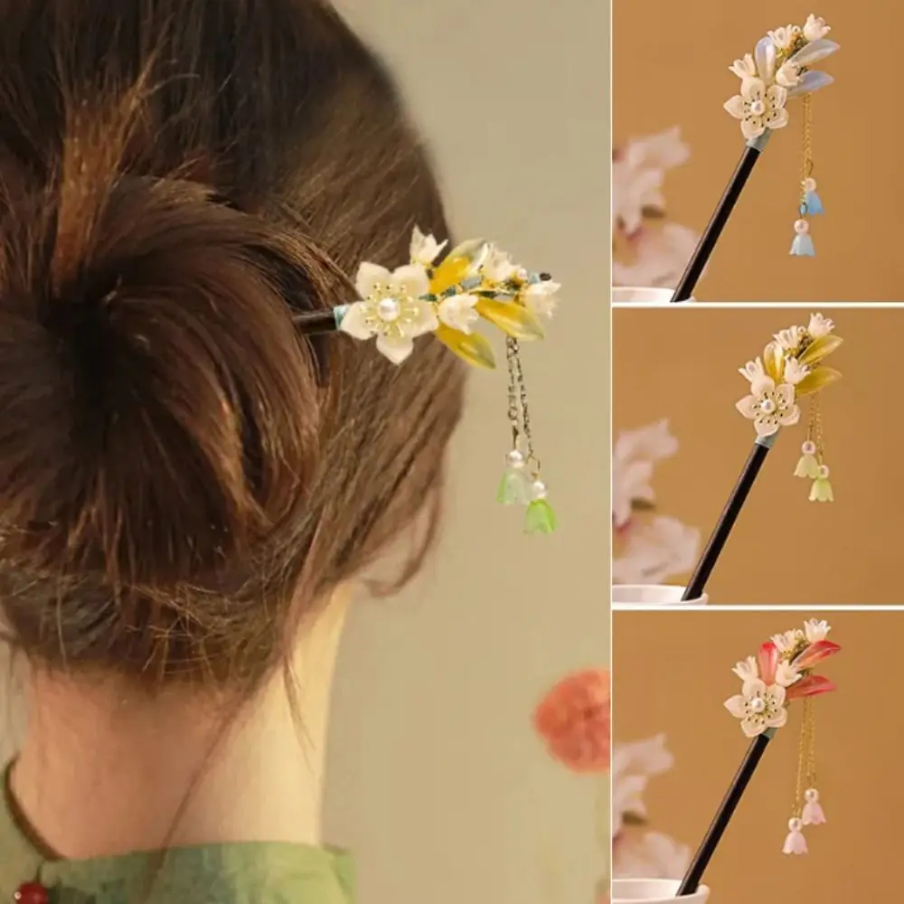 Ethnic Chinese Style Flower Hair Sticks Vintage with Tassel Wooden Hair Clips Hair Fork Handmade Hair Chopsticks for Disk Hair