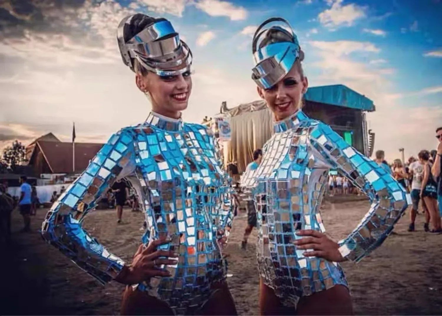 

Silver Mirror Face GOGO Performance Dress Technology Sense Science Fiction Future Warrior Dance Party Dress Mirror Face Girl yk
