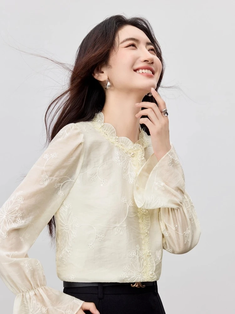 

SENTUBILA женская блузка, двухслойная шифоновая рубашка с кружевной отделкой и круглым вырезом, женская осень 2021, рубашки с расклешенными рукавами и вышивкой Q53VA3928