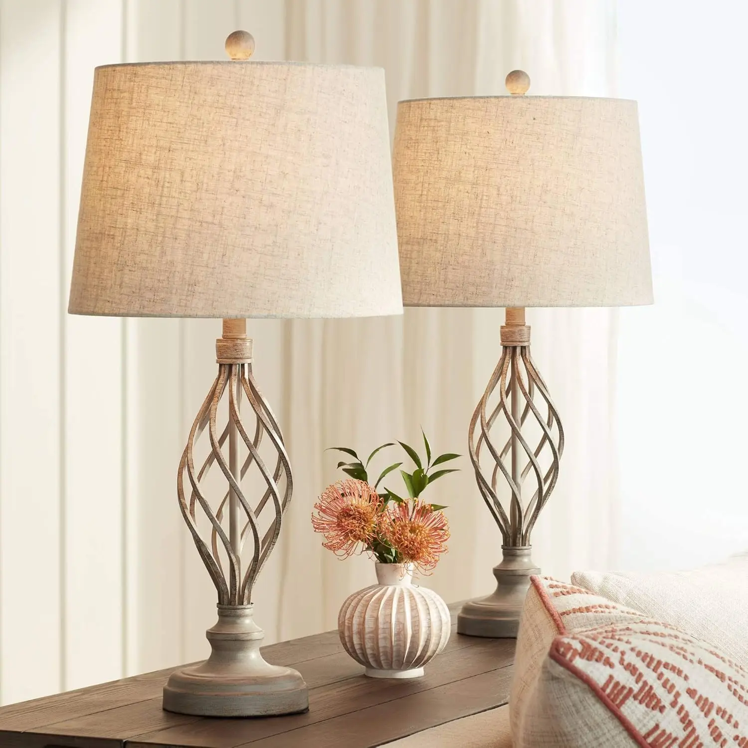 

Modern Industrial Table Lamps 28" Tall Set of 2 Weathered Sand Iron Cream Tapered Drum Shade for Living Room Nightstand