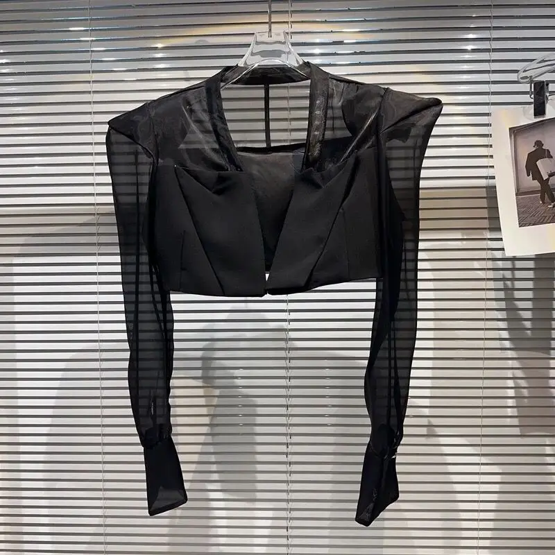 Black White Thin Sunscreen Suit Short Jacket Shoulder Pad Mesh Blazers for Women Coat Crop Top Chaquetas Blazer Feminino New