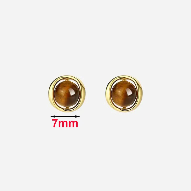 Real 925 Sterling Silver Tiger's-eye Stone Bead Mini Stud Earrings For Women Classic Fine Jewelry Minimalist Accessories