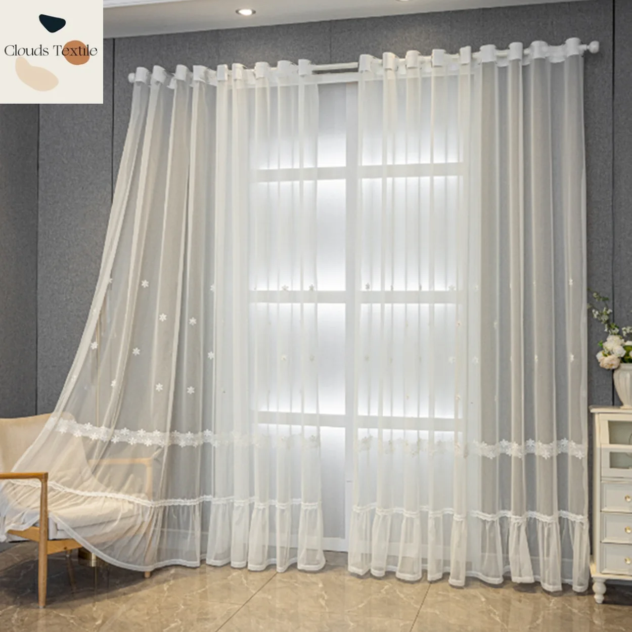 Romantic and Simple Beaded Embroidery Transparent Skirt with Small Flowers Custom Size Curtains for Living Dining Room Bedroom