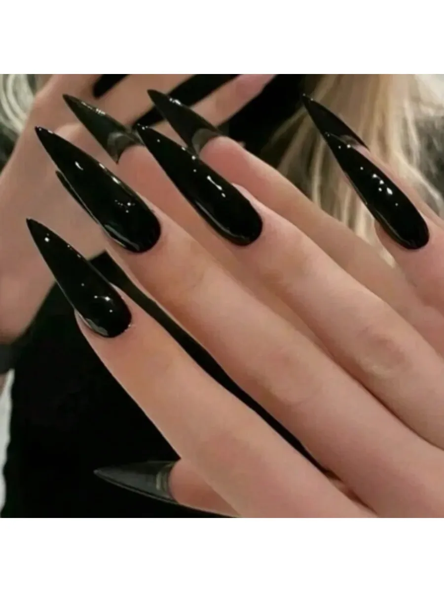 Verwandeln Sie Ihre Nägel mit 24 Stück extra langen Stiletto-Nägeln im französischen Stil, modern, klassisch, schlicht, SCHWARZ, einfarbig, vollflächig abdeckend, künstliche Nägel.