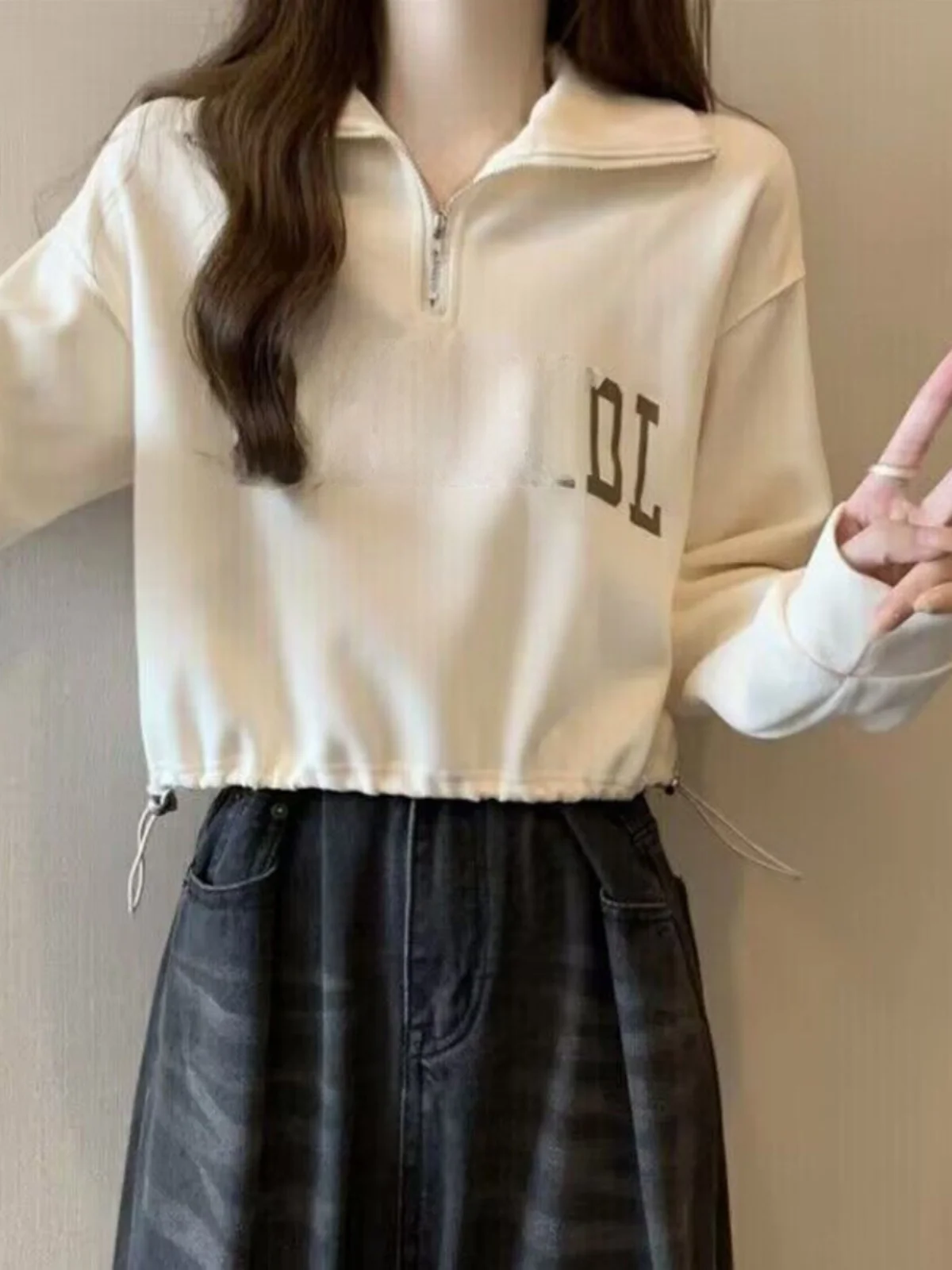 

Женская тонкая свободная толстовка с воротником на молнии, утягивающая талию, в корейском стиле, с длинными рукавами