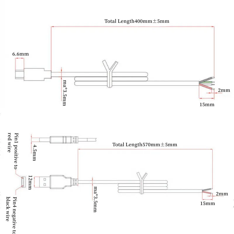 Cable de una cara tipo C de 3/10/20/50/100 piezas, 400mm, 4 pines, USB 570mm, 2 pines, Cable de extensión de conexión AWG22, se puede personalizar