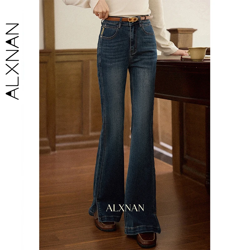 ALXNAN Vintage Blau Split Jeans frauen Herbst Gerade Baumwolle Denim Hosen Lässig Elegante High-taille Büro Dame Hosen L56975