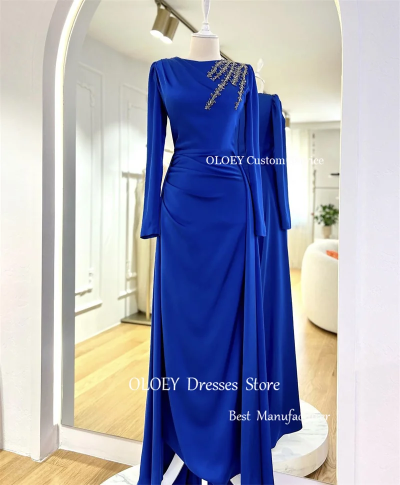 OLOEY Modest Dubai Arabic Women Evening Dresses Attachable Train Long Sleeeves O-Neck Beads Prom Gowns Customised Formal Dress