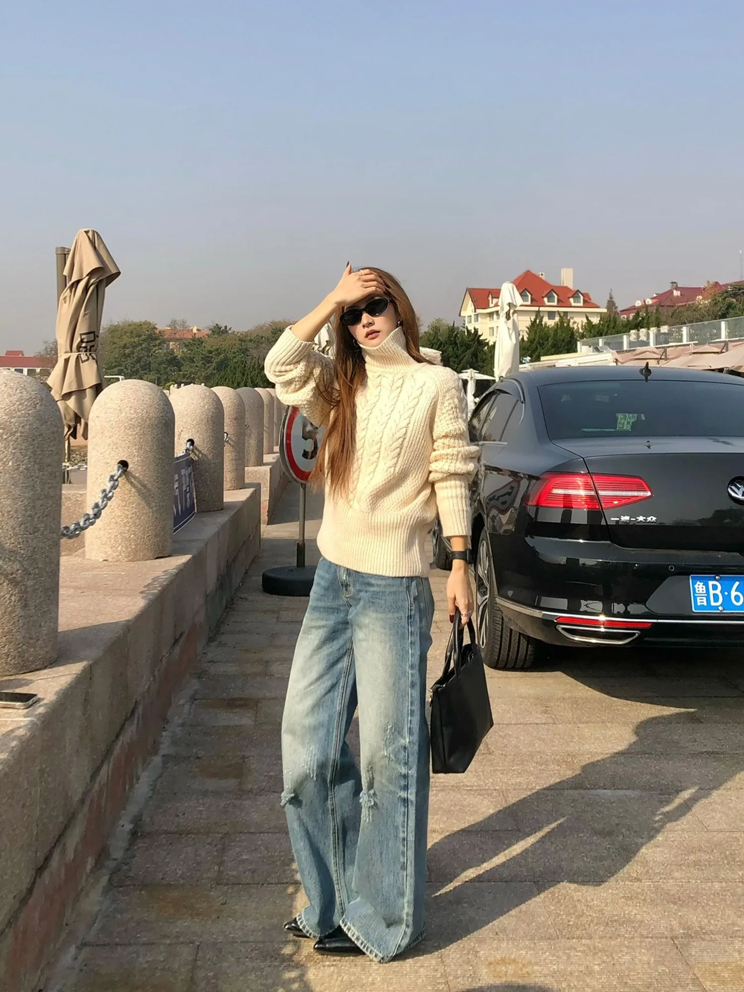 【FANGTING】Women Vintage Washed Ripped Straight Jeans Loose Wide Leg Casual Denim Trousers
