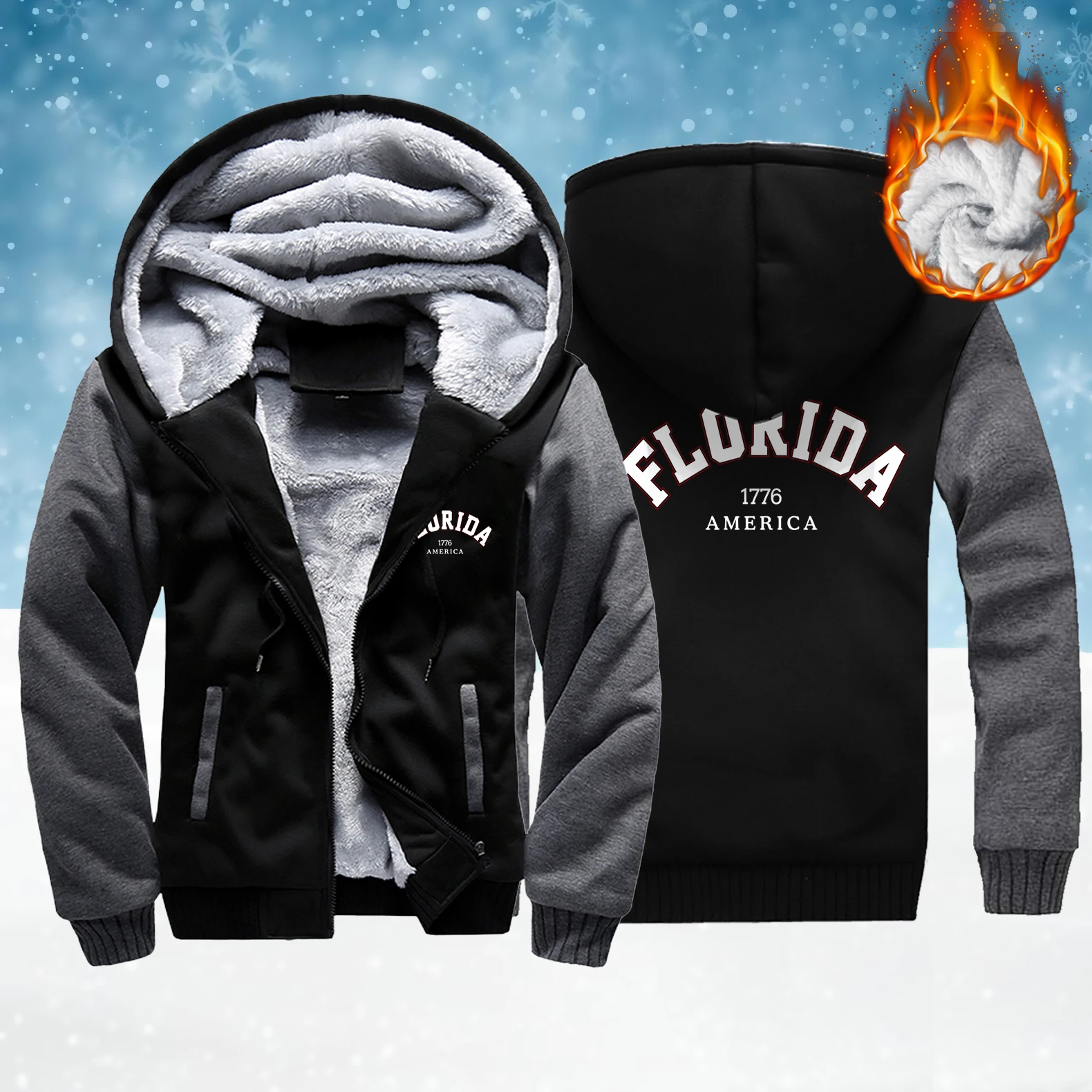 

Florida 1776 America Zipper Sweatshirts Men Thicken Fleece Hoodies Winter Loose Pocket Jacket Mans Casual Retro Long Sleeve