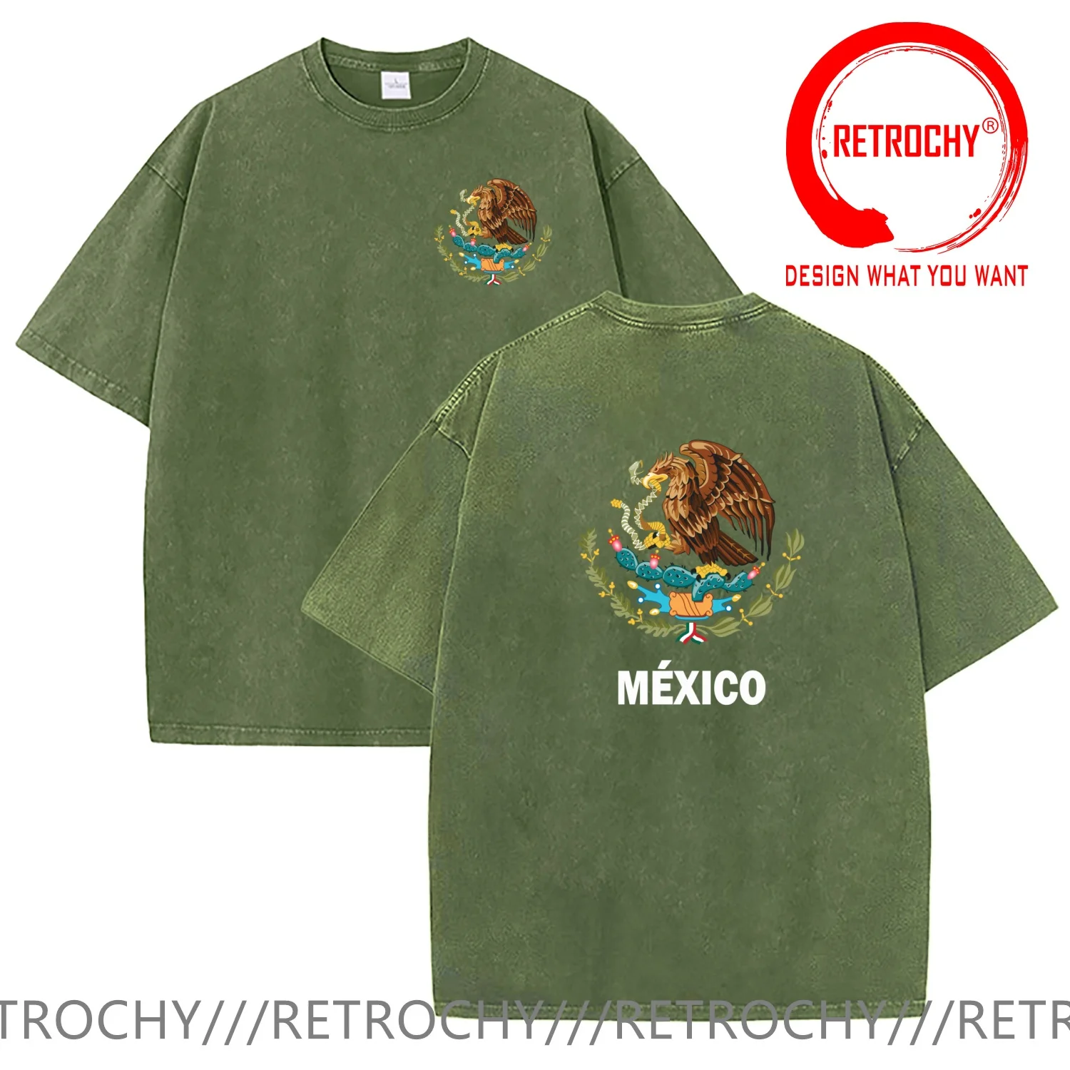 Vintage Washed Cotton T-Shirt Funny Designer Arm of Coat Mexico T Shirt Men Fashion Trendy Casual Clothing Stylish Tops Tees