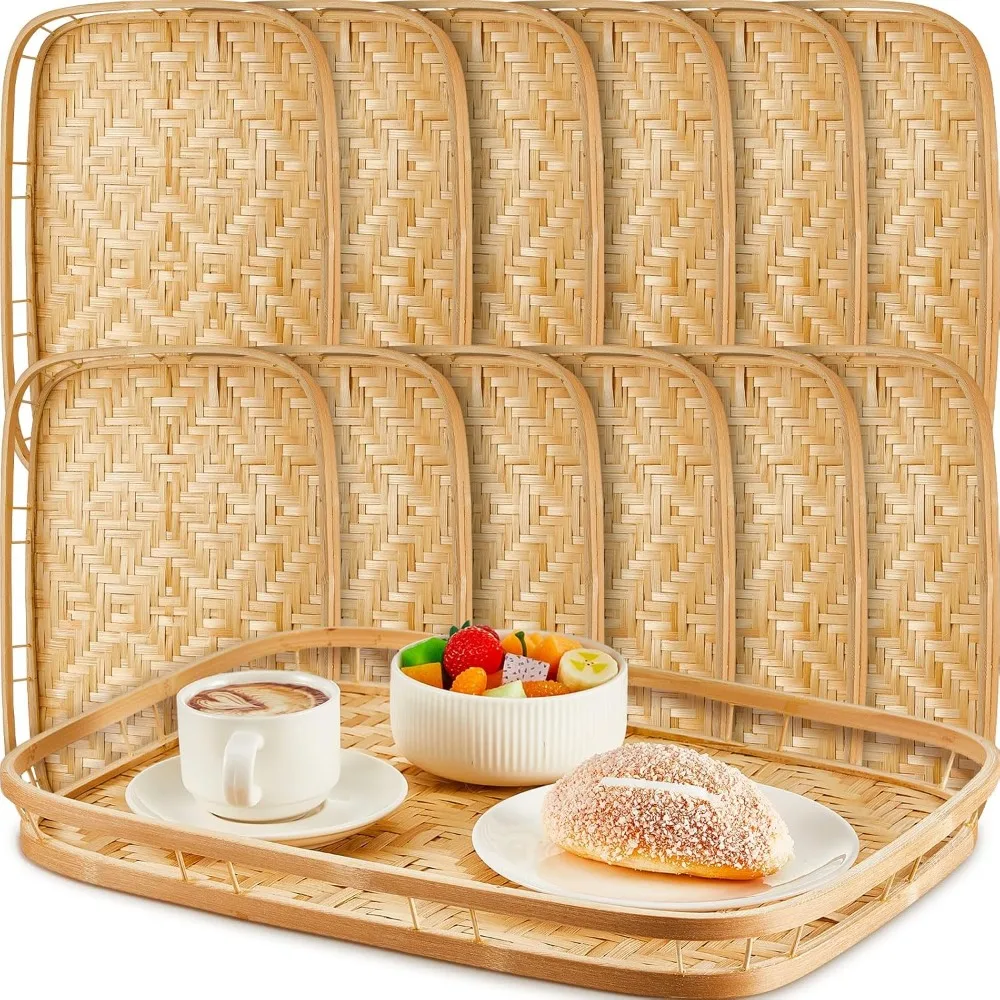 12 Pcs Bamboo Wicker Serving Trays 16.93x13 Inch Hand Woven Lap Trays for Eating Bed Tray Snack Holder