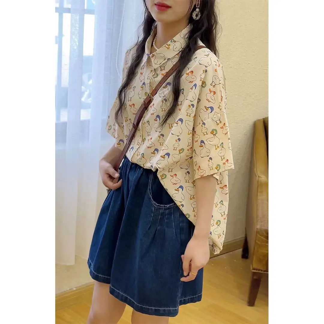 Hip Hop Cartoon Duck with Hat Full Print Shirts Cute Anime Kawaii Beach Shirt Summer Short Sleeve Oversized Blouse Casual Loose