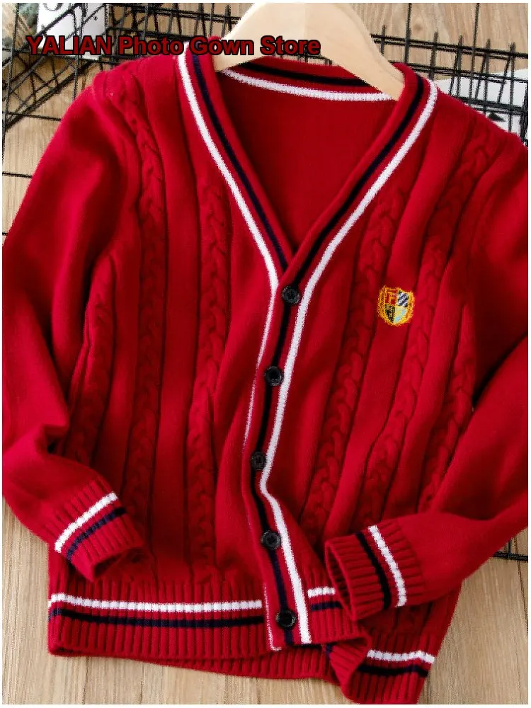 Kids Preppy Style Uniform Pure Cotton Knit Wool Infant Primary School Boys Girls Spring Autumn