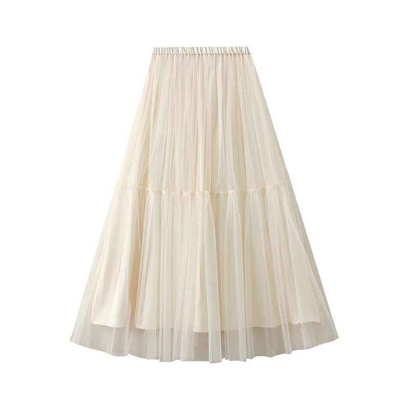 

New Arrival 2025 Women High Waist Solid Color Mesh Elegant Long Skirt Female Sweet Casual Tulle Tutu Skirts