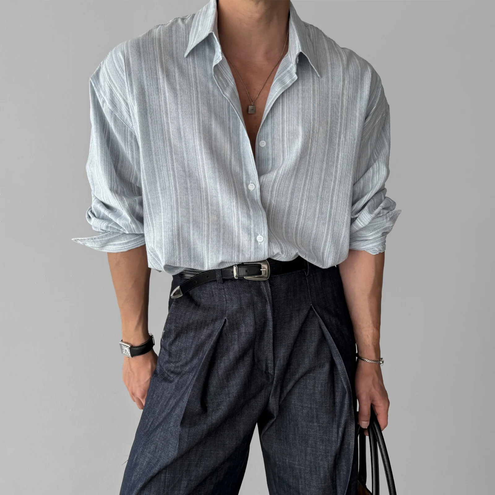Men's Linen Striped Long Sleeve Casual Shirt Lightweight Anti-ironing Blue Summer Spring Seasonal Wear Moisture Wicking