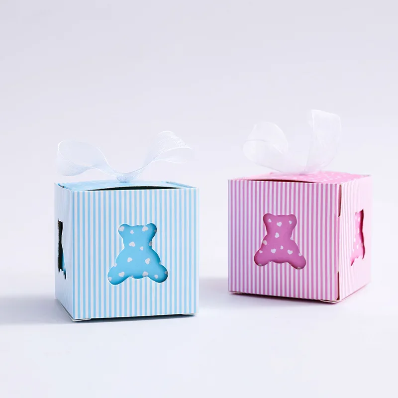 10Pcs Cartoon Bear Hollow Out Candy Box with Ribbons Gender Reveal Gift Packing Boxes for Baby Shower Birthday Party Decoration