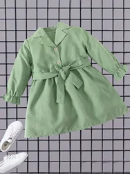 Fresh Mint Green Children's Trench Coat - Elegant Lace-up Design, Comfortable Long Sleeve Jacket