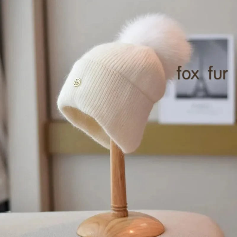 Winter Natural Fox Fur Pompom Hats Angola Rabbit Fur Beanies Women Thick Warm Knitted Wool Hats Outdoor Casual Fashion Caps