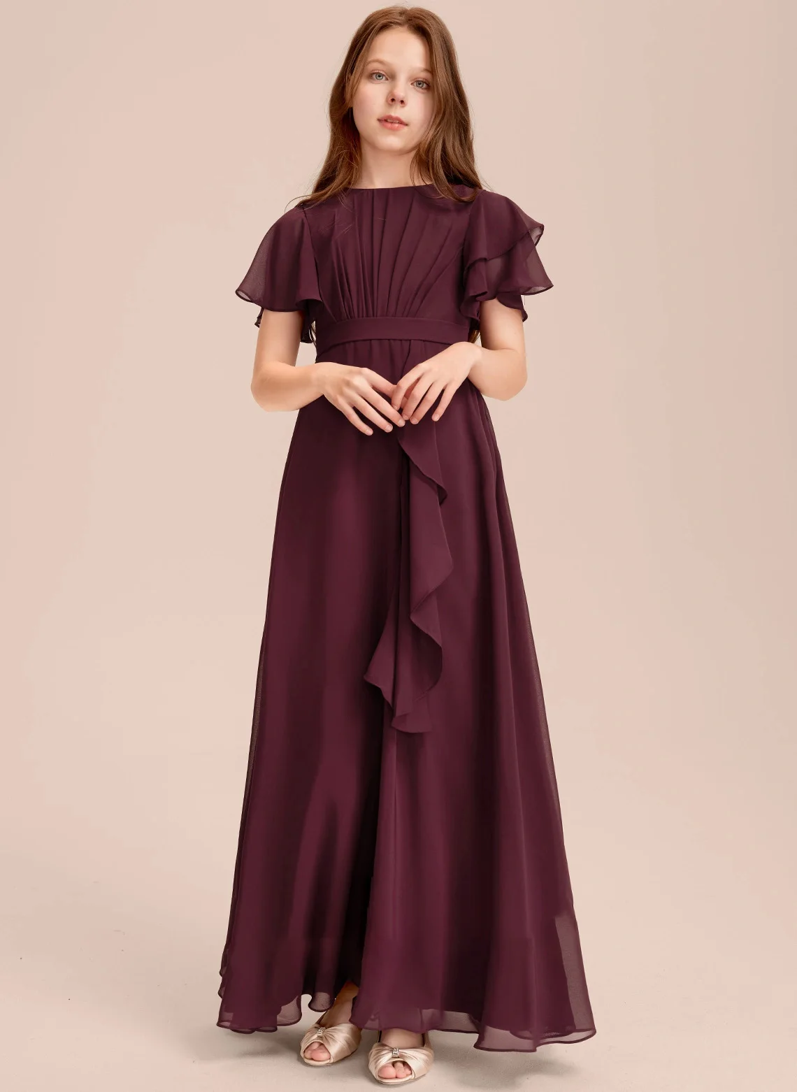 

YZYmanualroom Junior Bridesmaid Dress Line Scoop Floor Length chiffon with Cascading pleats Gala Evening Gown/customizable