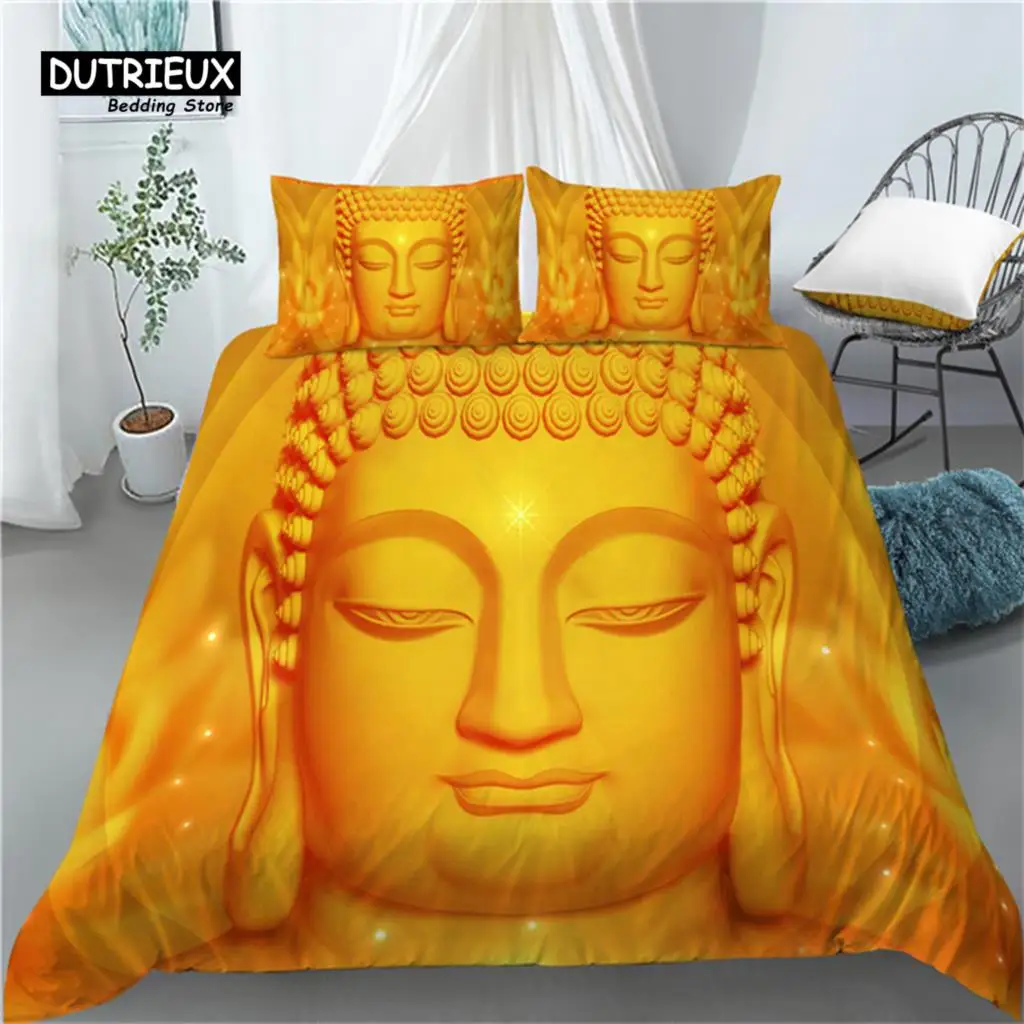 Home Living Luxury 3D Golden Buddha Print 2/3Pcs Comfortable Duvet Cover PillowCase Bedding Set Queen and King AU/EU/US Size