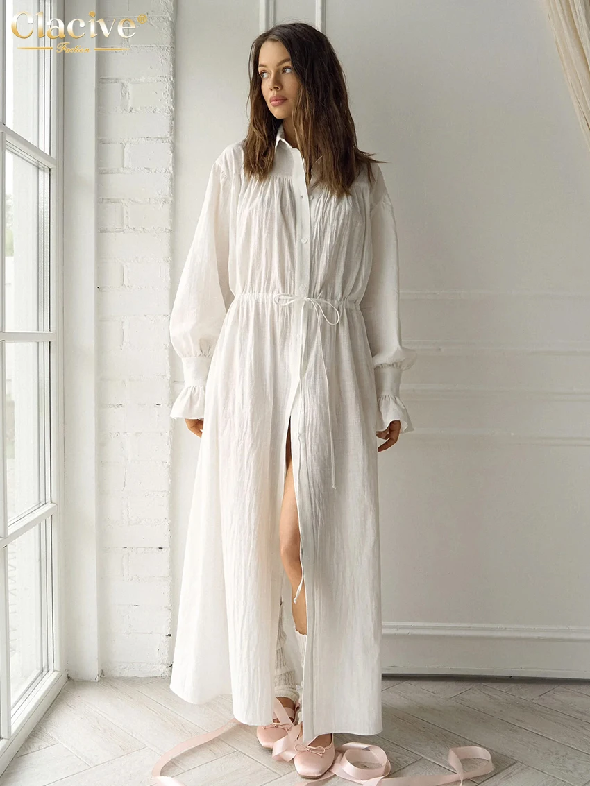 

Clacive Fashion Loose White Women Dress Casual Lapel Long Sleeve Ankle Length Dresses Elegant Classic Lace-Up Slit Feamle Dress