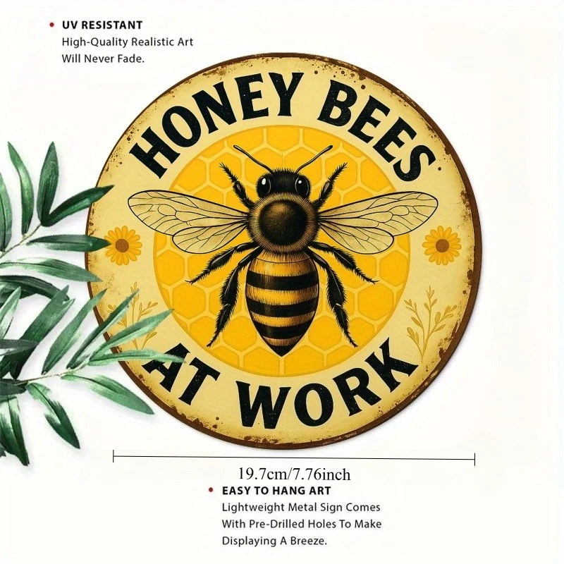 1pc Bee-Themed Round Metal Sign - 